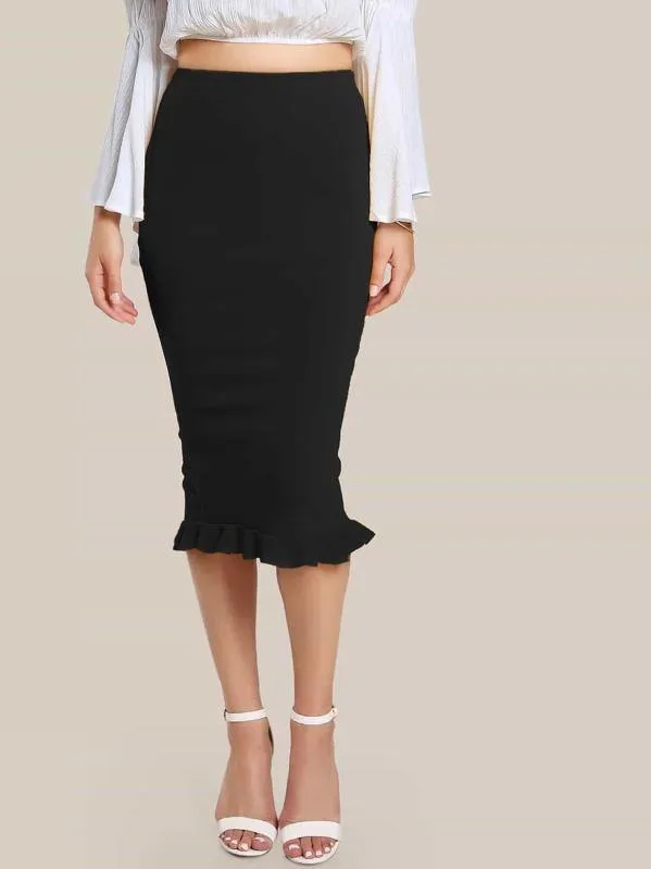 Split Ruffle Hem Pencil Skirt