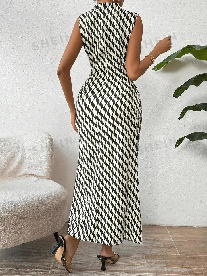 Stand collar wave striped sleeveless dress in multi