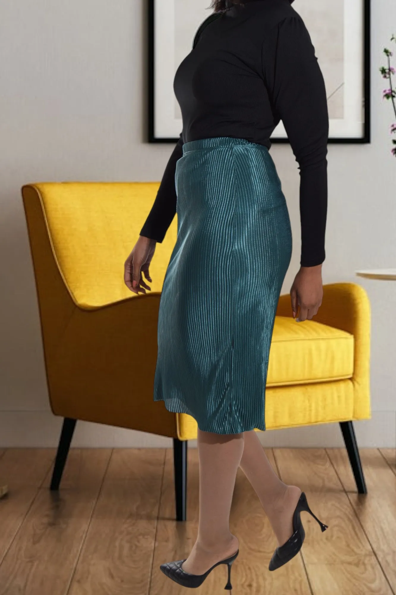 Teal Plisse Midi Skirt