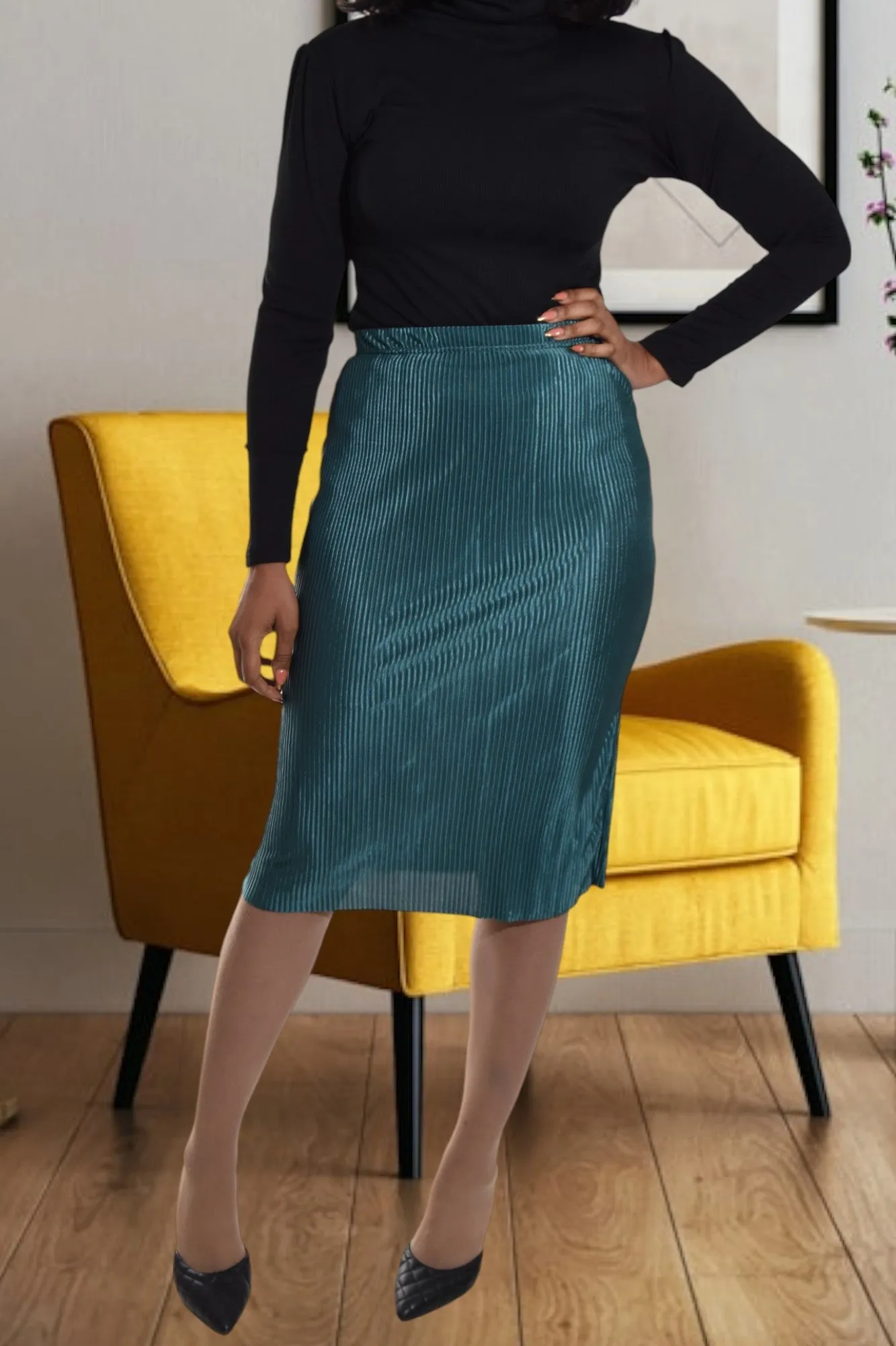 Teal Plisse Midi Skirt