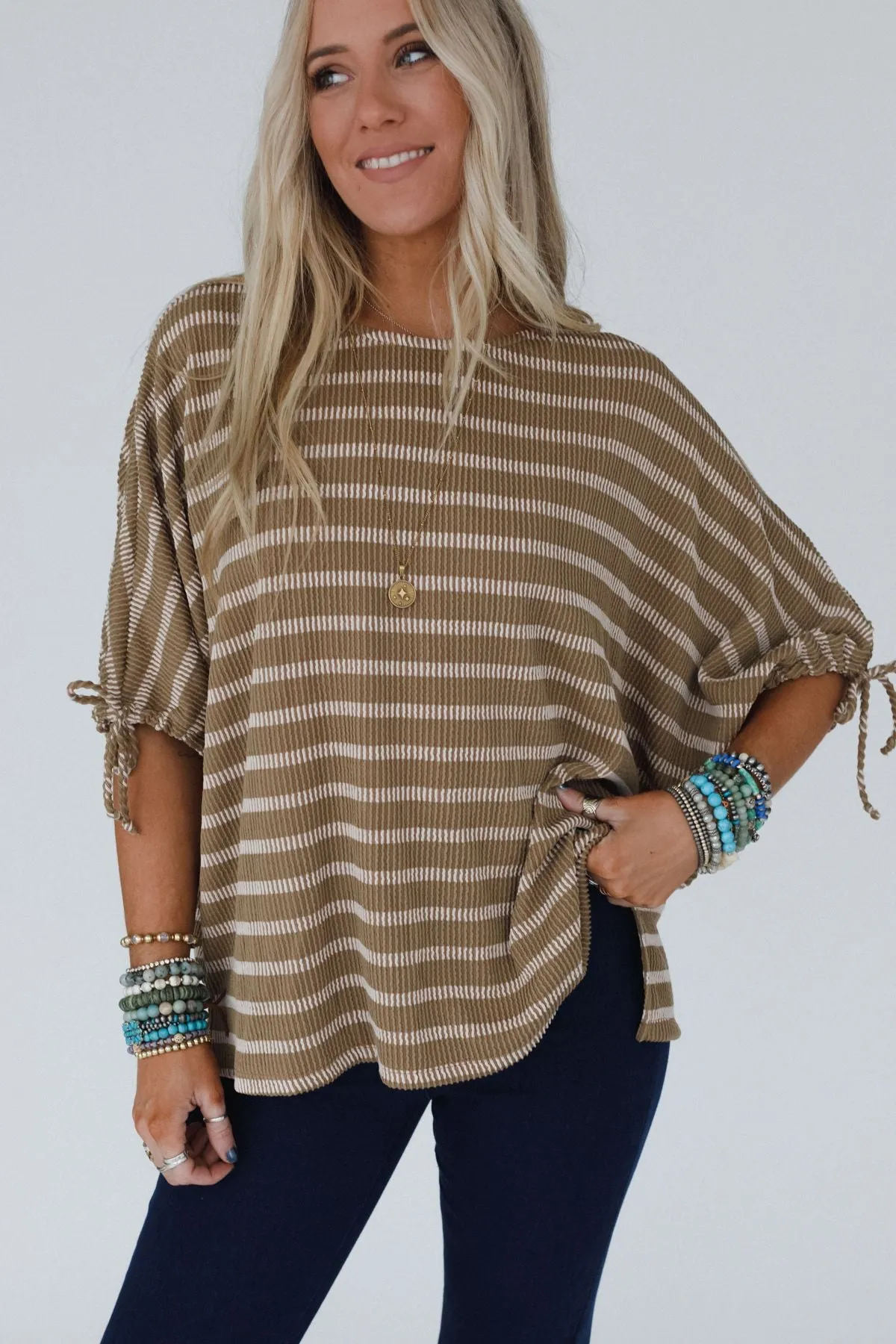 The Nest Little Lark Striped Puff Sleeve Tee - Khaki