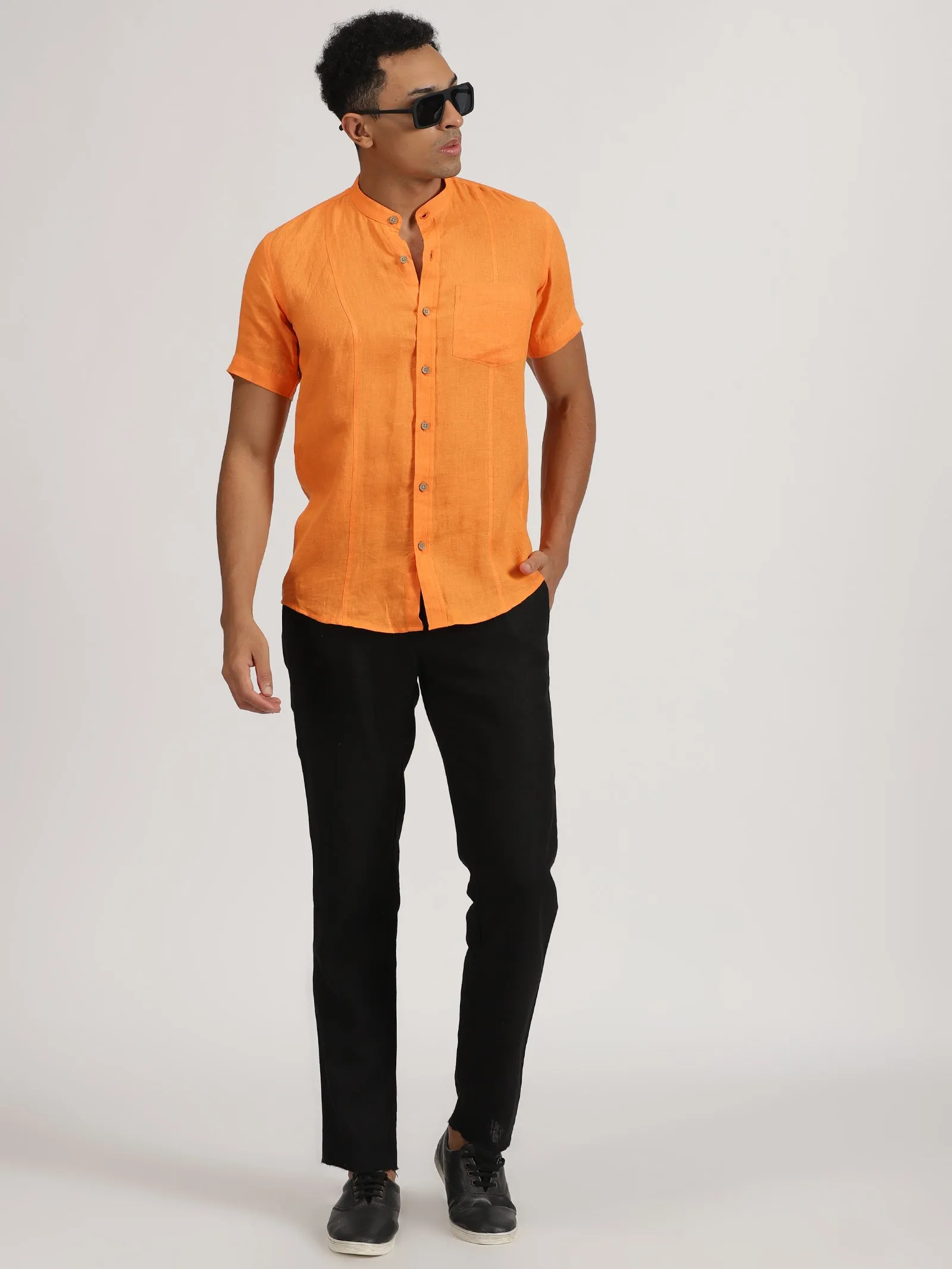 Trevor - Pure Linen Mandarin Collar Short Sleeve Shirt - Beer Orange (Factory Rescue)