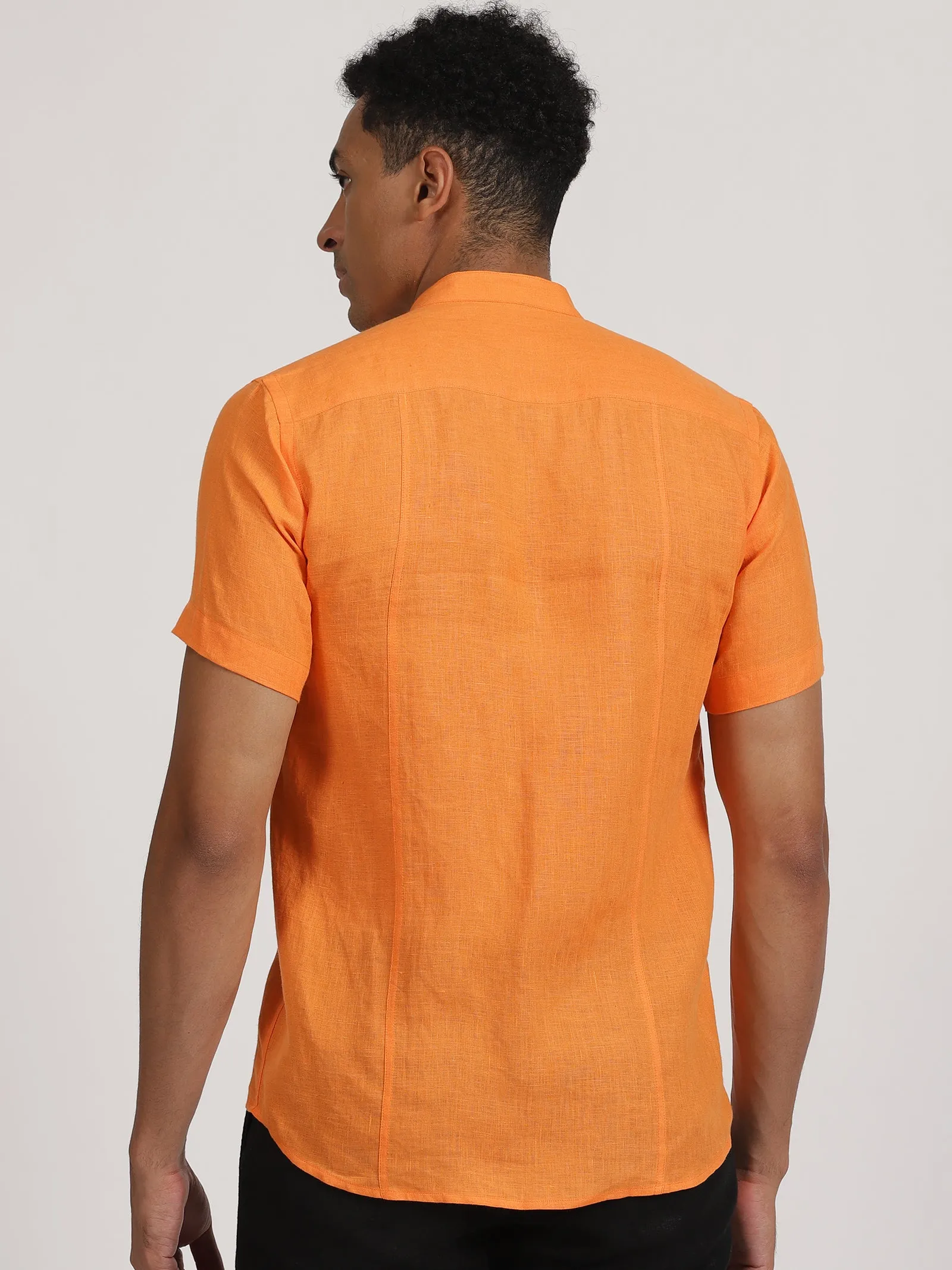 Trevor - Pure Linen Mandarin Collar Short Sleeve Shirt - Beer Orange (Factory Rescue)