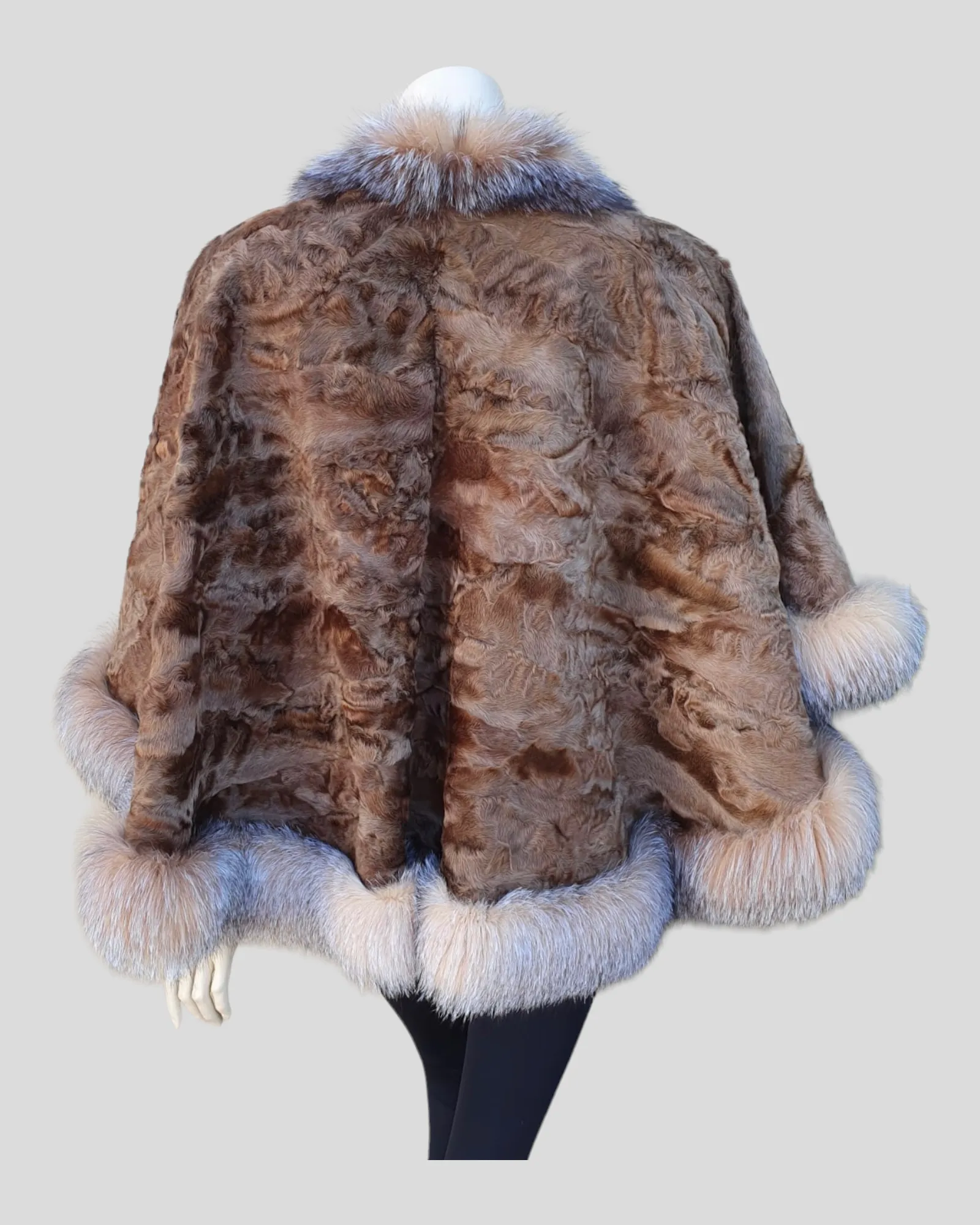 Vintage Camel Broadtail Paw Cape/Poncho w/ Crystal Fox Fur Trim