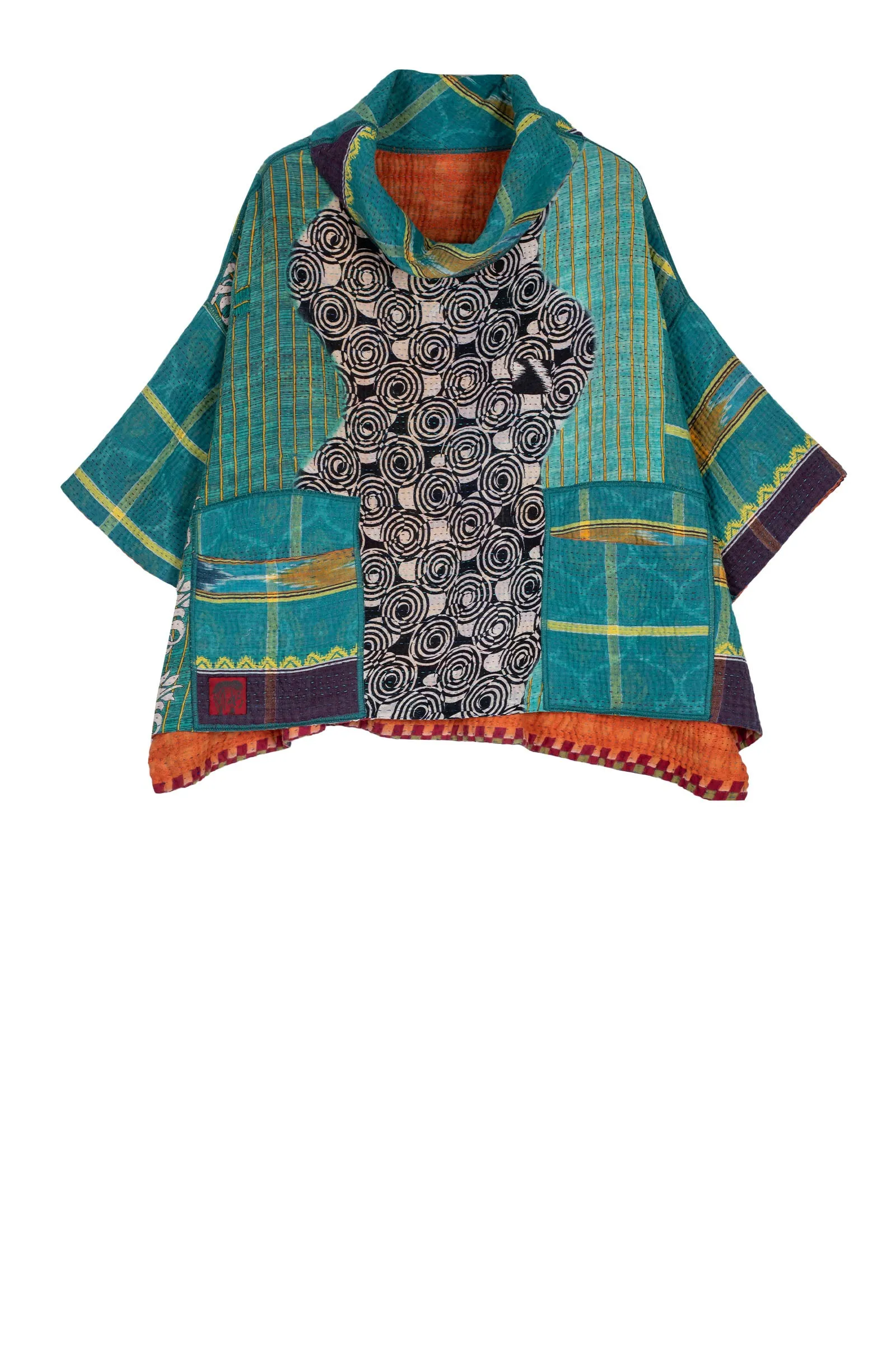 VINTAGE COTTON KANTHA COWL NECK PONCHO - cv4061-0029a -