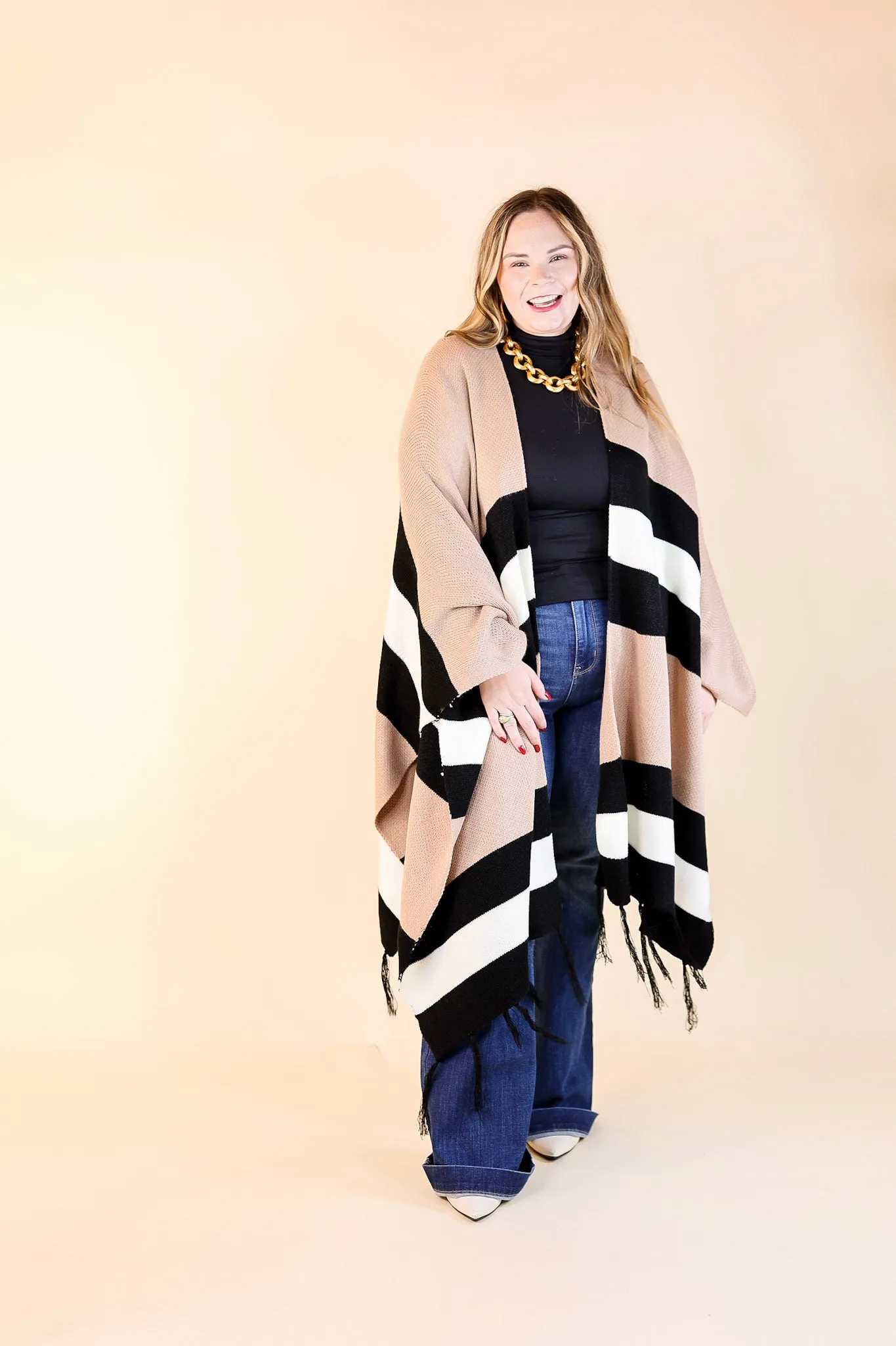 Warmest Wishes Striped Poncho Cardigan with Tassel Fringe in Mocha, Ivory, and Black