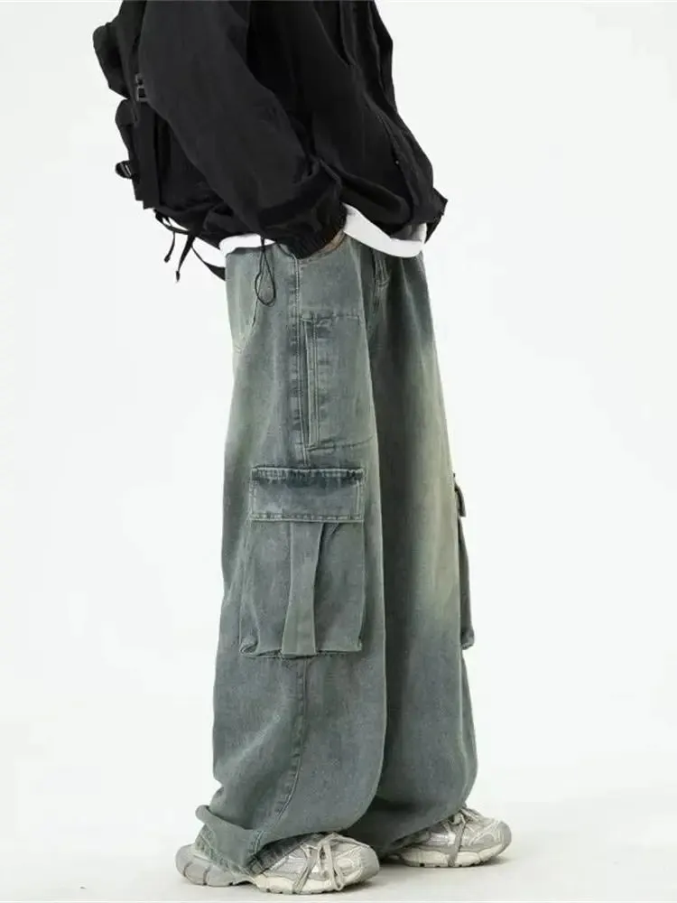 Wiaofellas  -  Wide-leg cargo jeans men's spring/summer fashion brand baggy pants with large pockets washed vintage high street mop pants