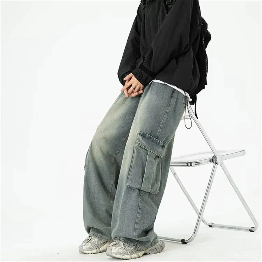 Wiaofellas  -  Wide-leg cargo jeans men's spring/summer fashion brand baggy pants with large pockets washed vintage high street mop pants