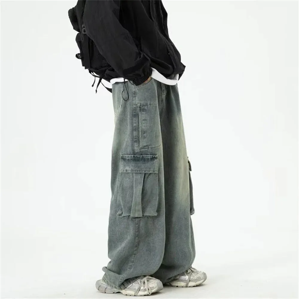 Wiaofellas  -  Wide-leg cargo jeans men's spring/summer fashion brand baggy pants with large pockets washed vintage high street mop pants