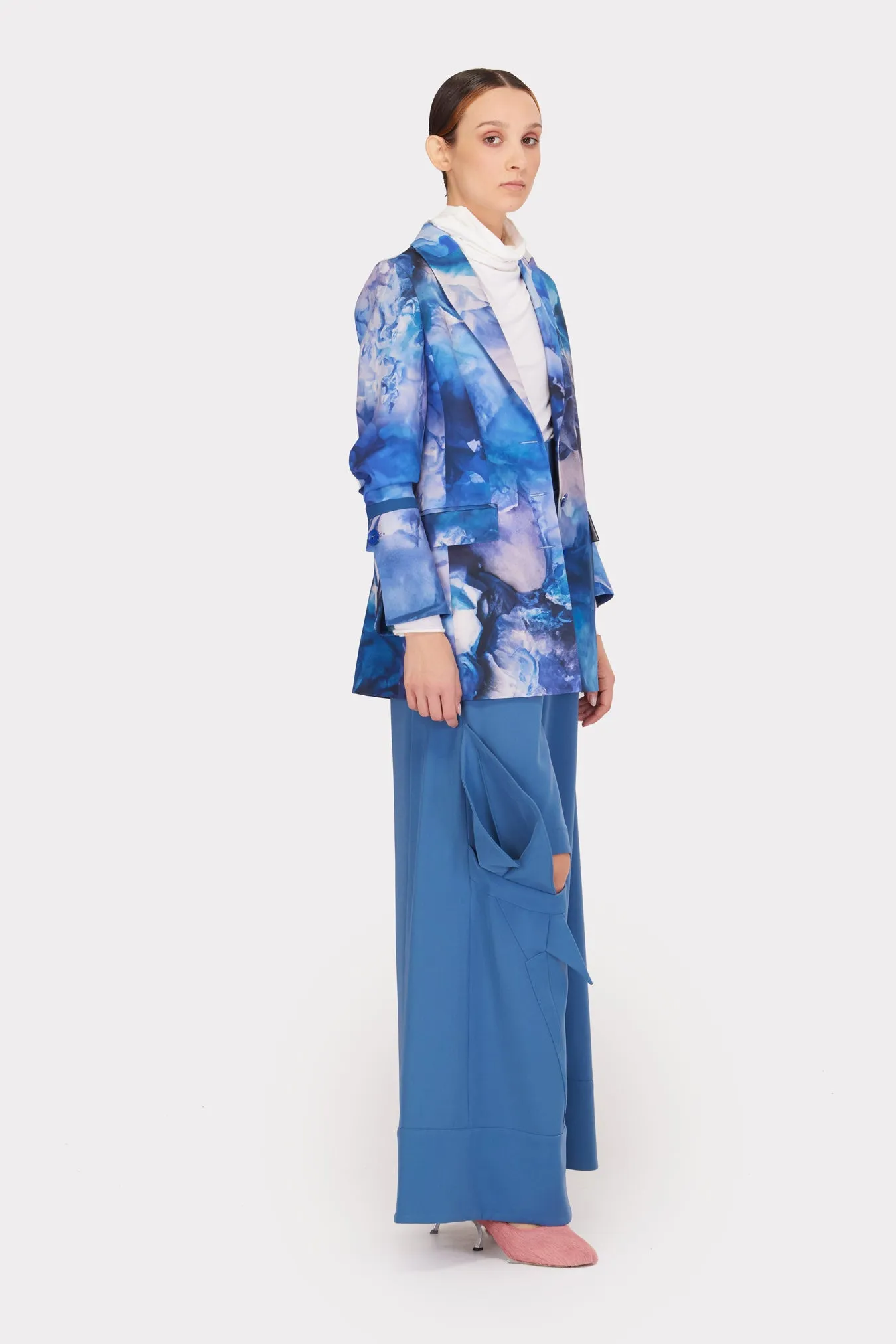 Wide Flared Trousers With Calla Flower Pale Blue