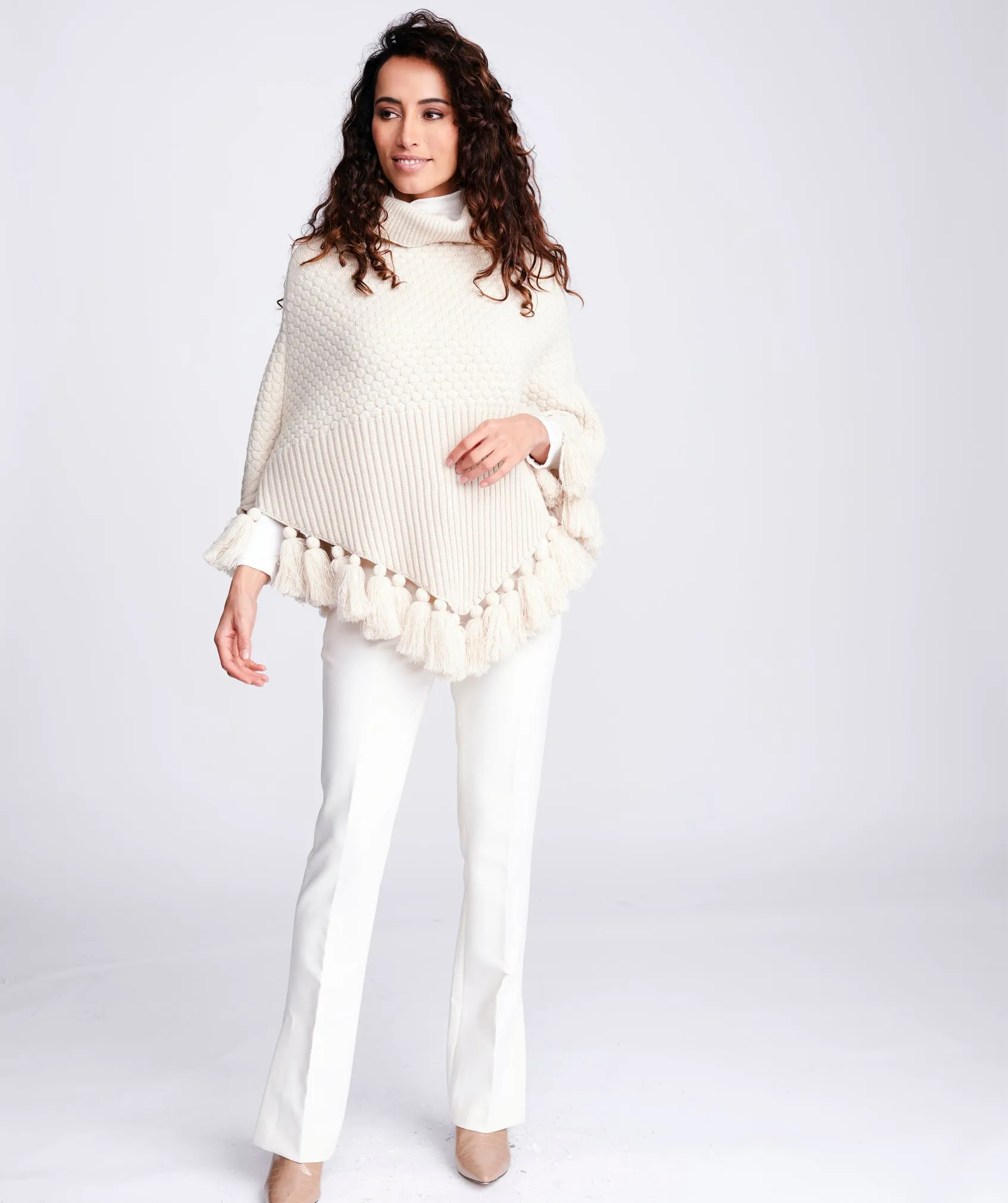 Winter White Roll Neck Knitted Poncho