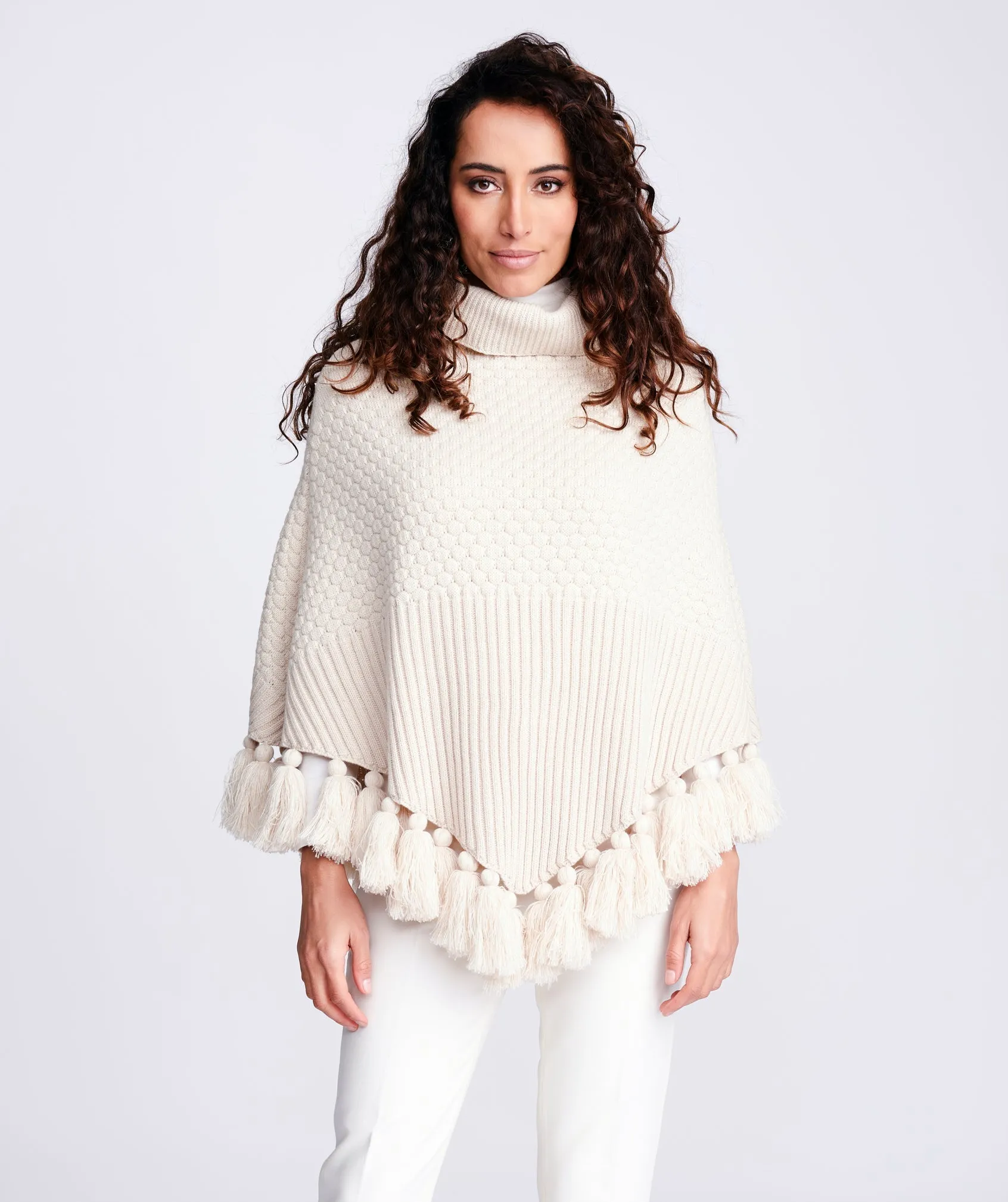 Winter White Roll Neck Knitted Poncho