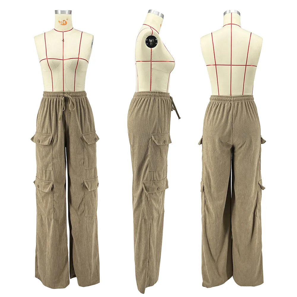 Women Fashion Pocket Side Straight Wide Leg Safari Style Pants 2024 Drawstring Summer Velvet Zipper Fly Cargo Trousers