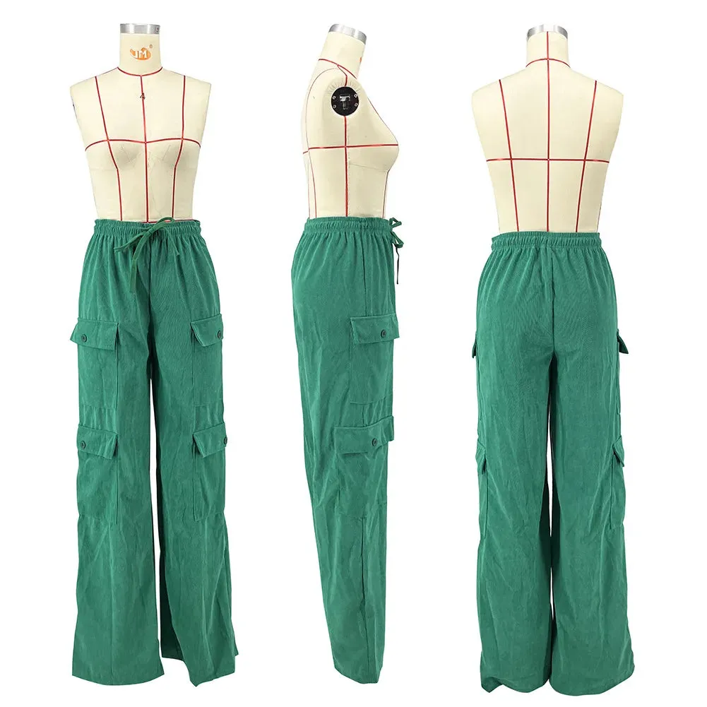 Women Fashion Pocket Side Straight Wide Leg Safari Style Pants 2024 Drawstring Summer Velvet Zipper Fly Cargo Trousers