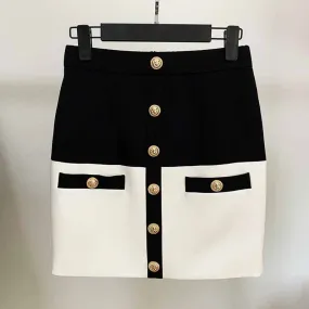 Women Tight Skirt Black and White Formal Skirt Gold-tone Mini Wrap Hip Skirt