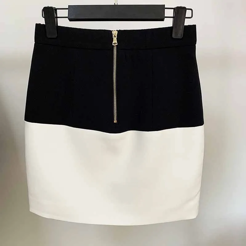 Women Tight Skirt Black and White Formal Skirt Gold-tone Mini Wrap Hip Skirt