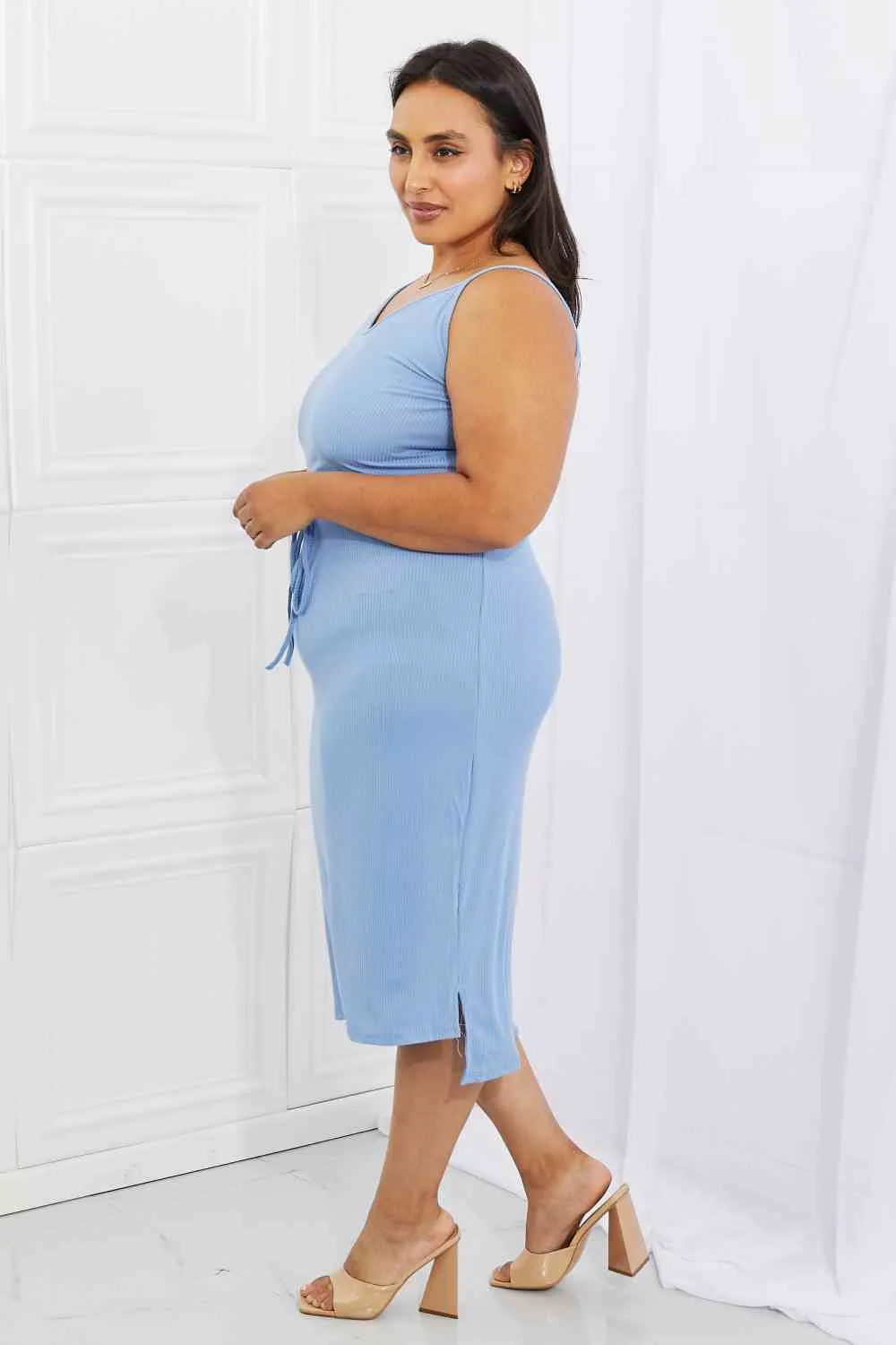 Women's Capella Flatter Me Full Size Ribbed Front Tie Midi Dress in Pastel Blue