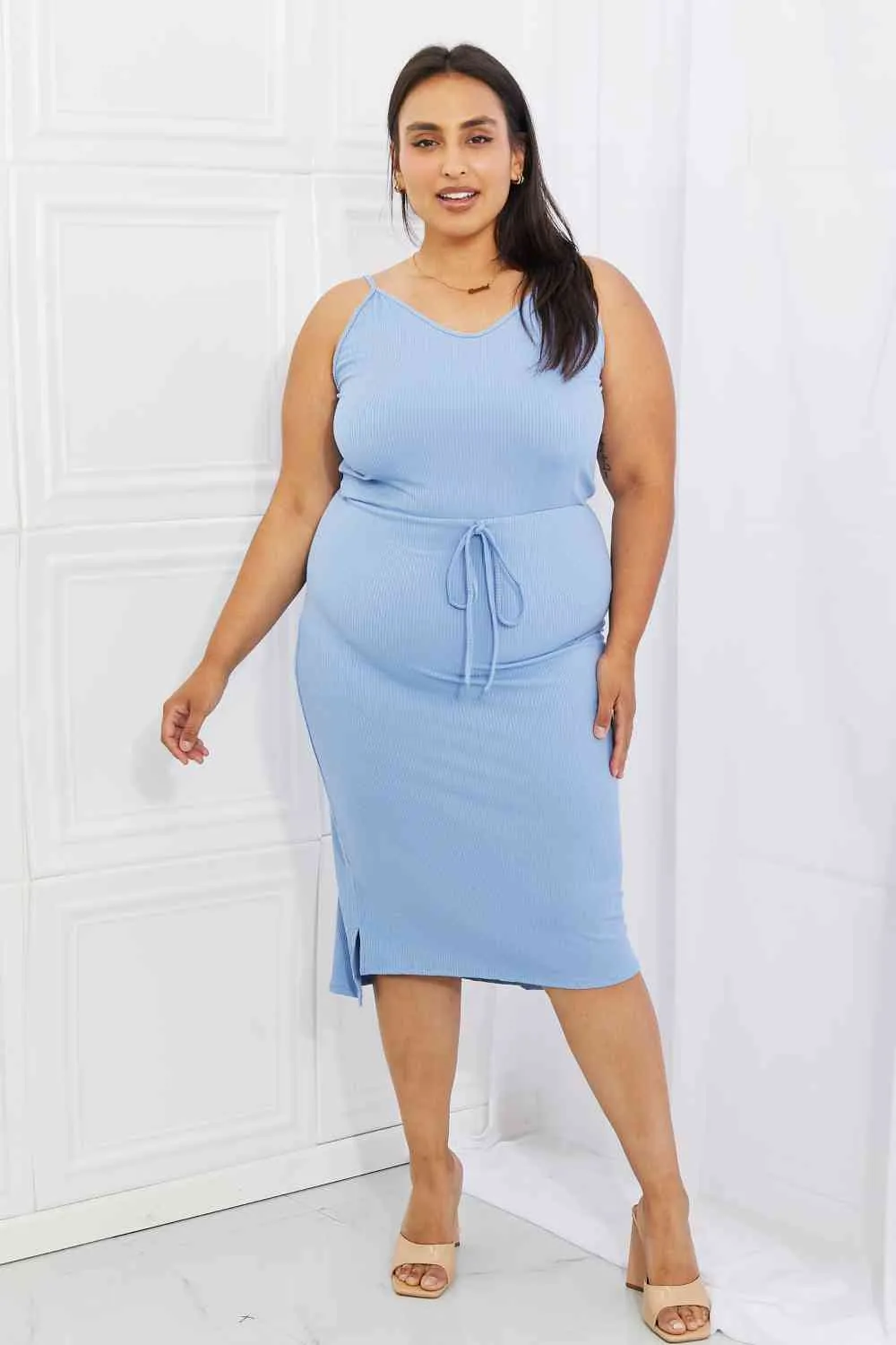 Women's Capella Flatter Me Full Size Ribbed Front Tie Midi Dress in Pastel Blue