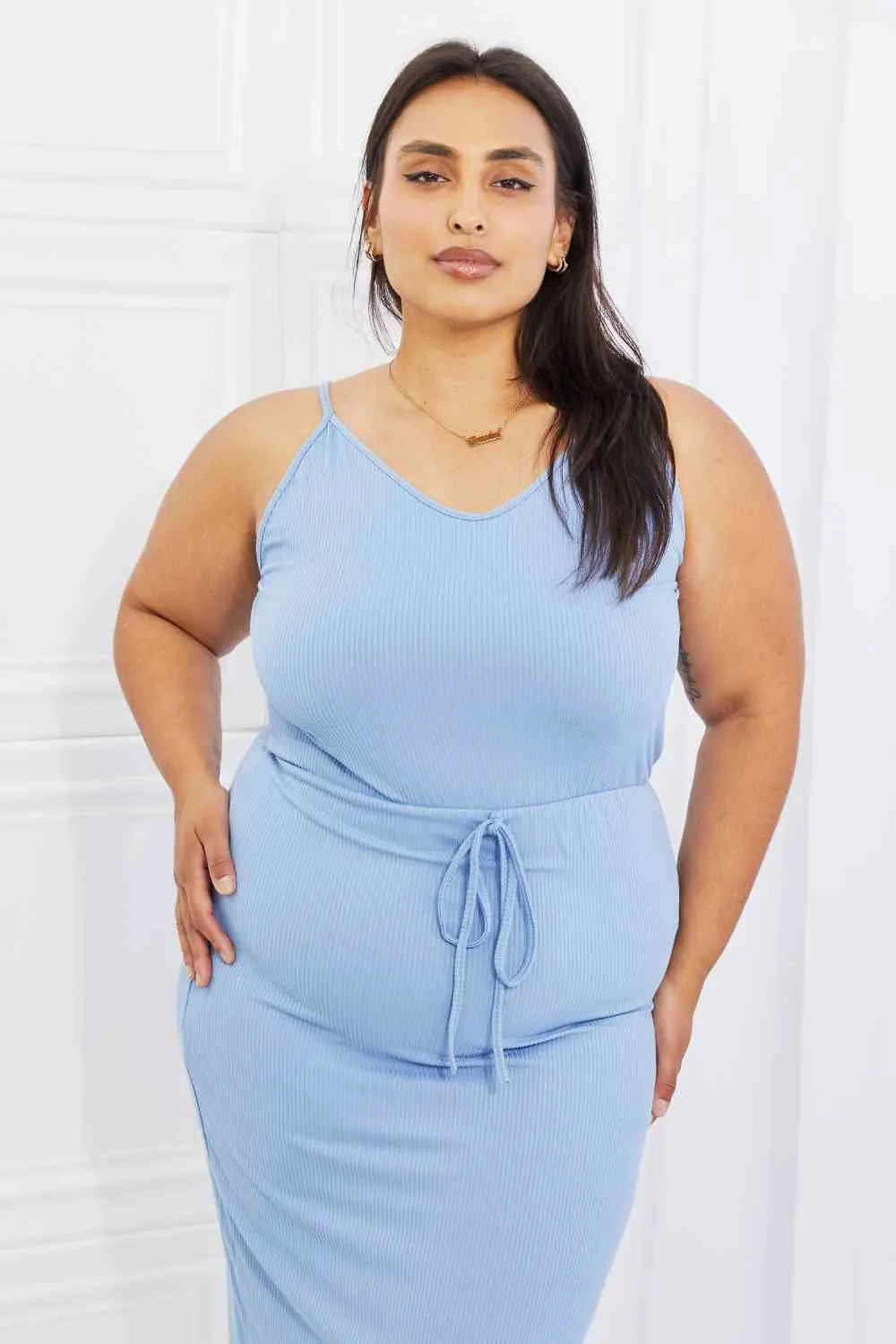 Women's Capella Flatter Me Full Size Ribbed Front Tie Midi Dress in Pastel Blue