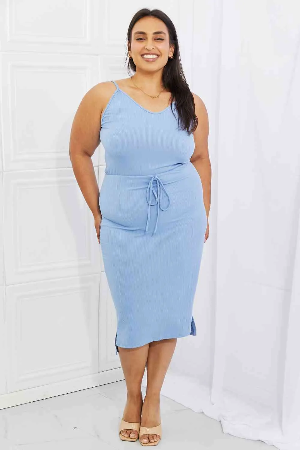 Women's Capella Flatter Me Full Size Ribbed Front Tie Midi Dress in Pastel Blue