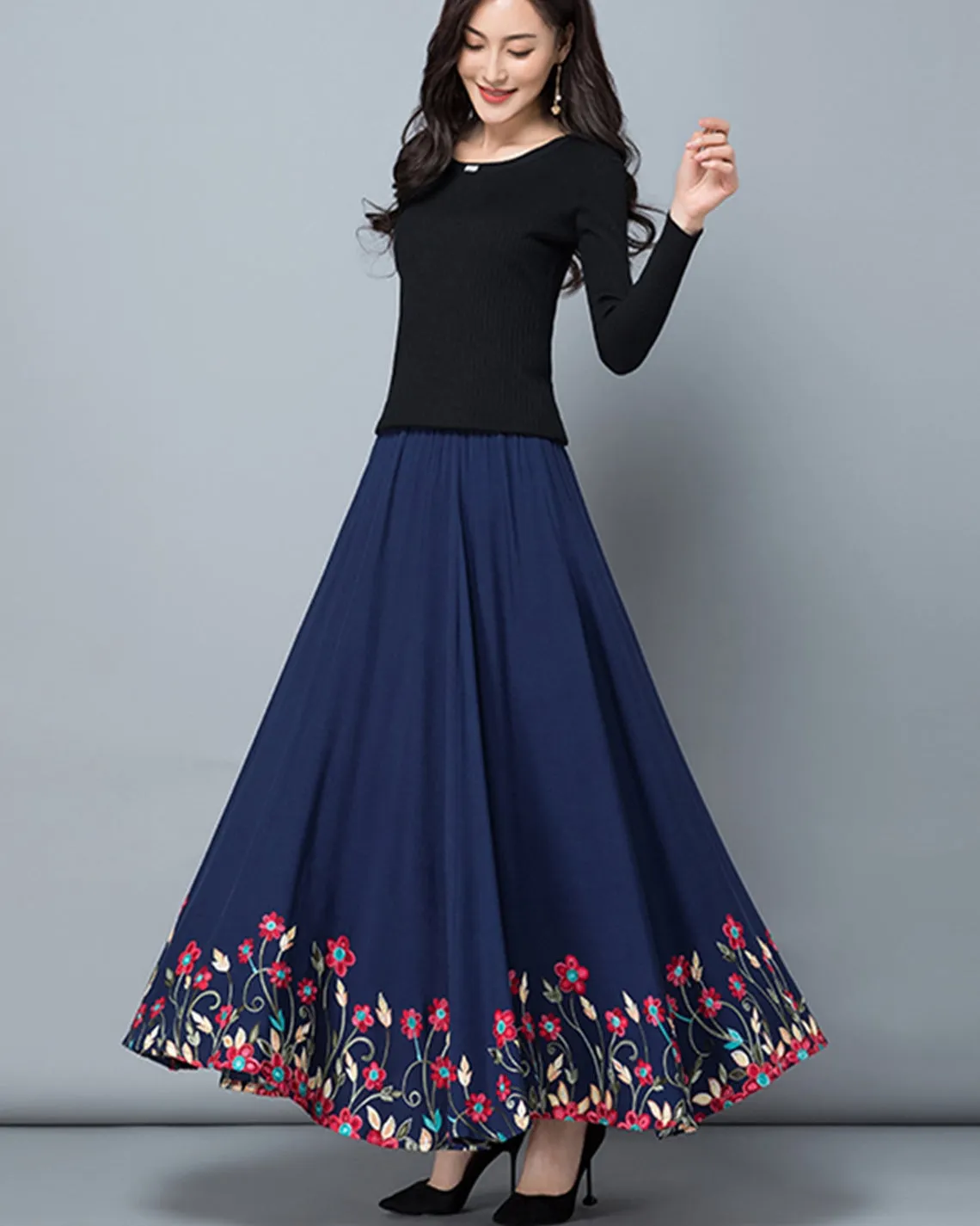 Women's elastic waist skirt, embroidered skirt,maxi skirt, flare skirt, cotton skirt, high waist skirt, long skirt, A-line skirt Q0056