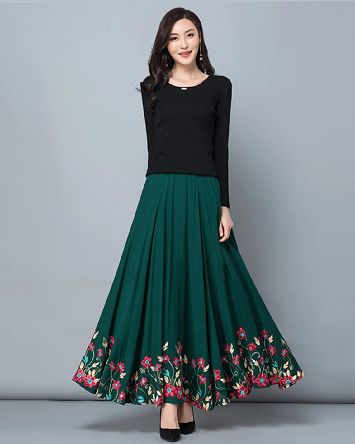 Women's elastic waist skirt, embroidered skirt,maxi skirt, flare skirt, cotton skirt, high waist skirt, long skirt, A-line skirt Q0056