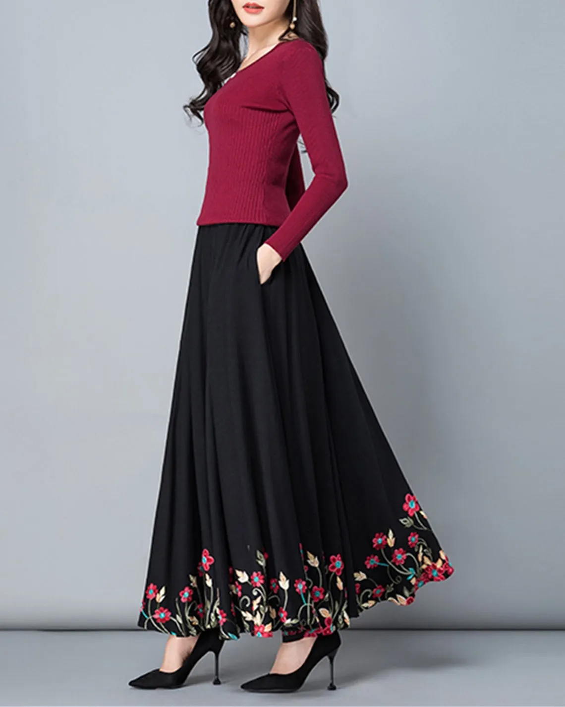 Women's elastic waist skirt, embroidered skirt,maxi skirt, flare skirt, cotton skirt, high waist skirt, long skirt, A-line skirt Q0056