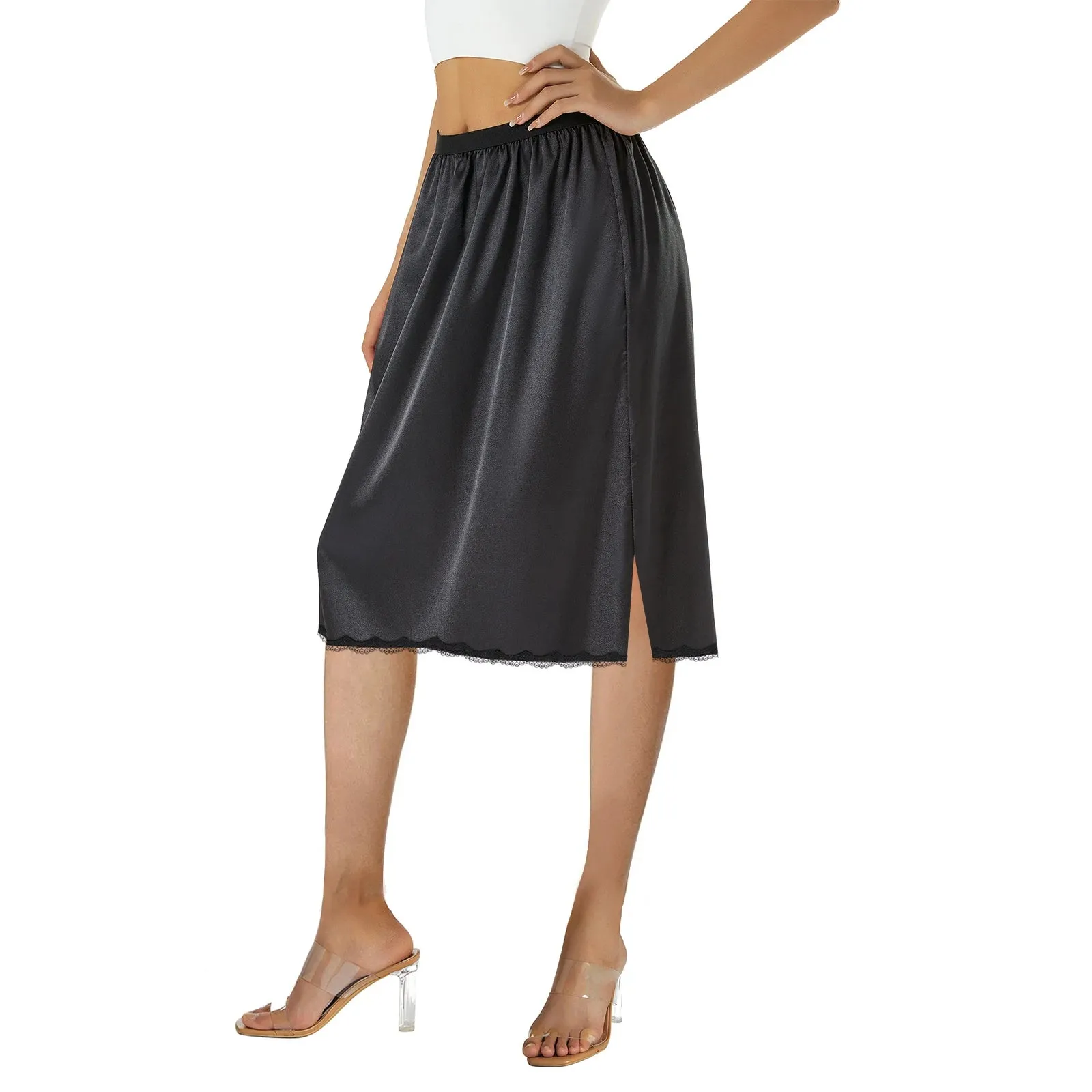 Women's Solid Color Skirts Elastic Waist Satin Underskirt Lace Trim Skirt for Under Dresses Black/White