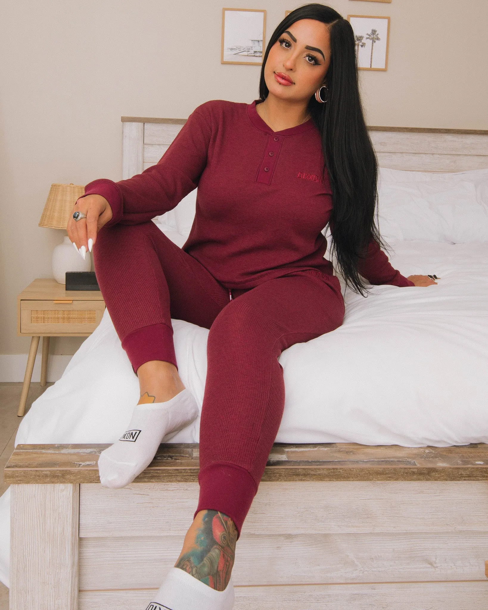 Women's Waffle Knit Joggers - Maroon